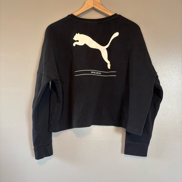 Puma Tops - Puma Large Cropped Crew Neck Printed Sweatshirt Black